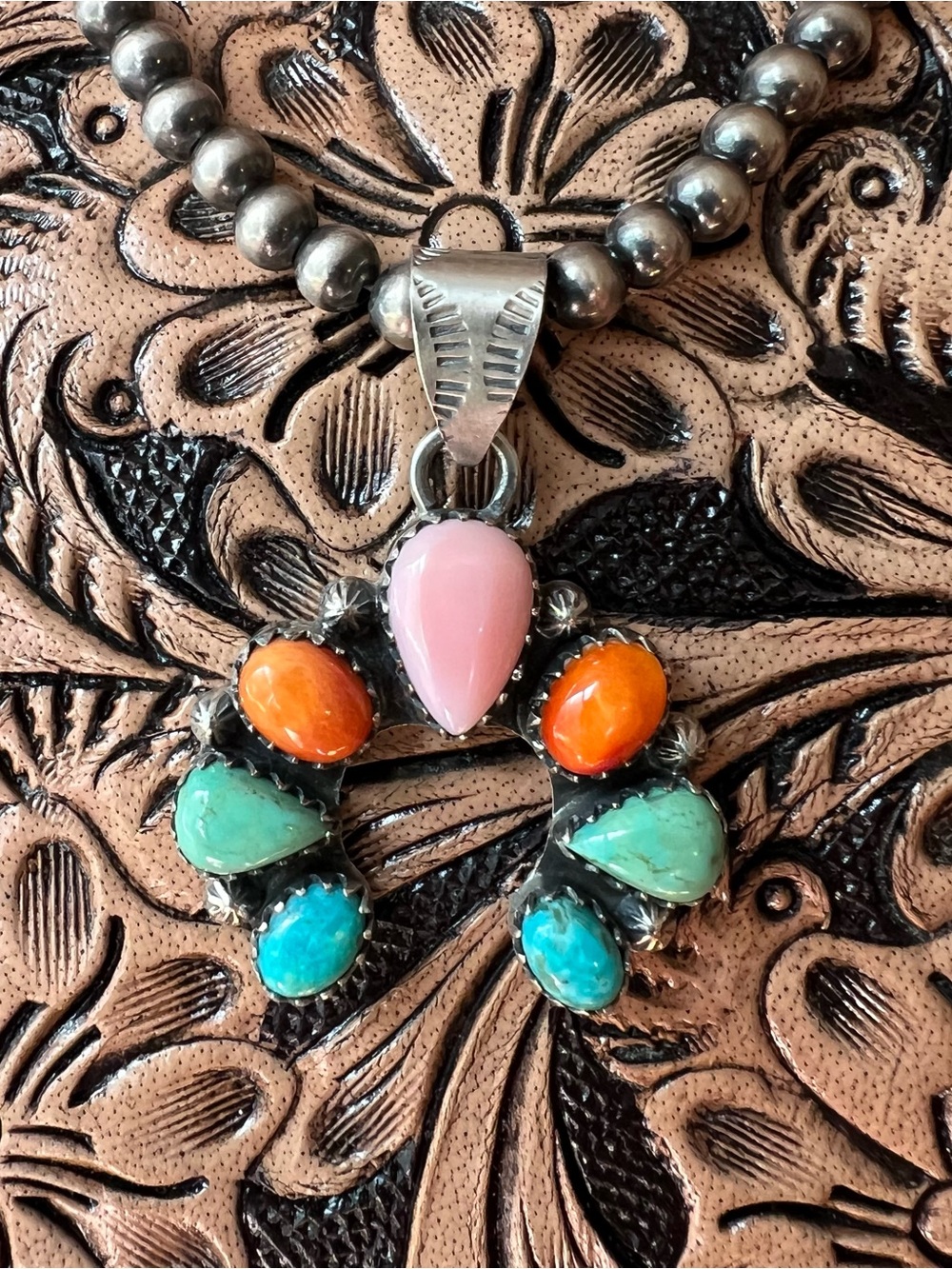 Sterling Silver Multi Stone Naja Pendant Kingman Turquoise Pink Conch Spiny - Picture 7 of 12